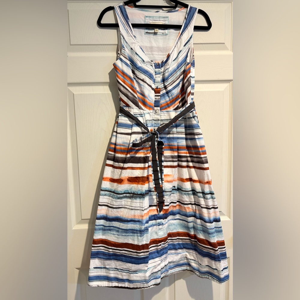 Anthropologie Striped Midi Dress in White, Blue, Orange, Brown